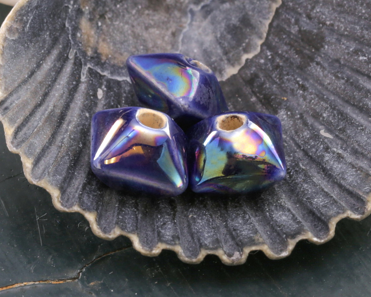 Mykonos Ceramic Iridescent Cobalt Octahedron Bead 8x10mm