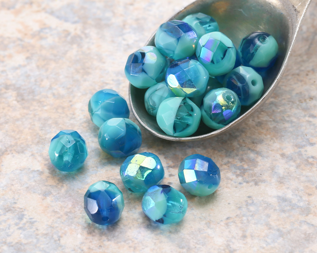 Czech Glass Aquamarine Waters AB Fire Polished Round 8mm