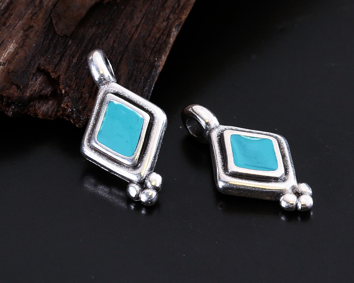 Antique Silver (plated) Turquoise Enamel Beaded Diamond Focal 10x17mm