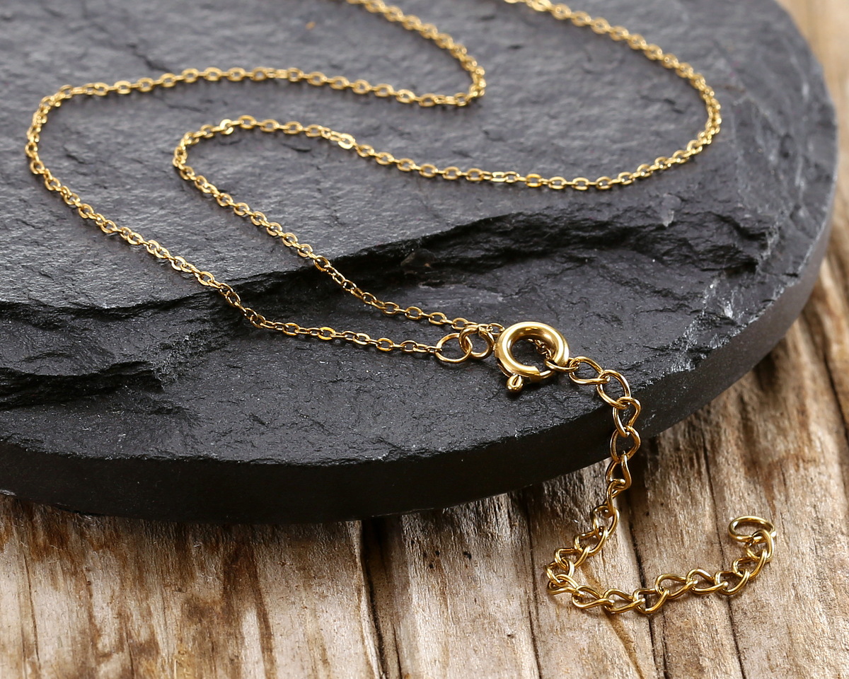 Waterproof 18K Gold PVD Plated Stainless Steel Tiny Cable Chain, 18" Finished w/ 2" extender, 1.5x1mm links