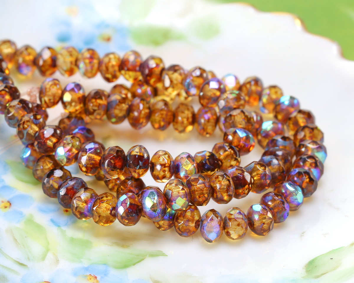 Czech Glass Amber Picasso AB Fire Polished Rondelle 3x5mm