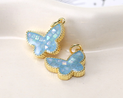 Mother of Pearl in Aqua Enamel w/ Gold Finish Butterfly Pendant 13x16mm