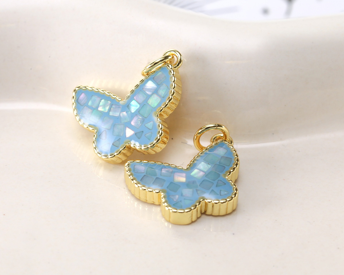 Mother of Pearl in Aqua Enamel w/ Gold Finish Butterfly Pendant 13x16mm