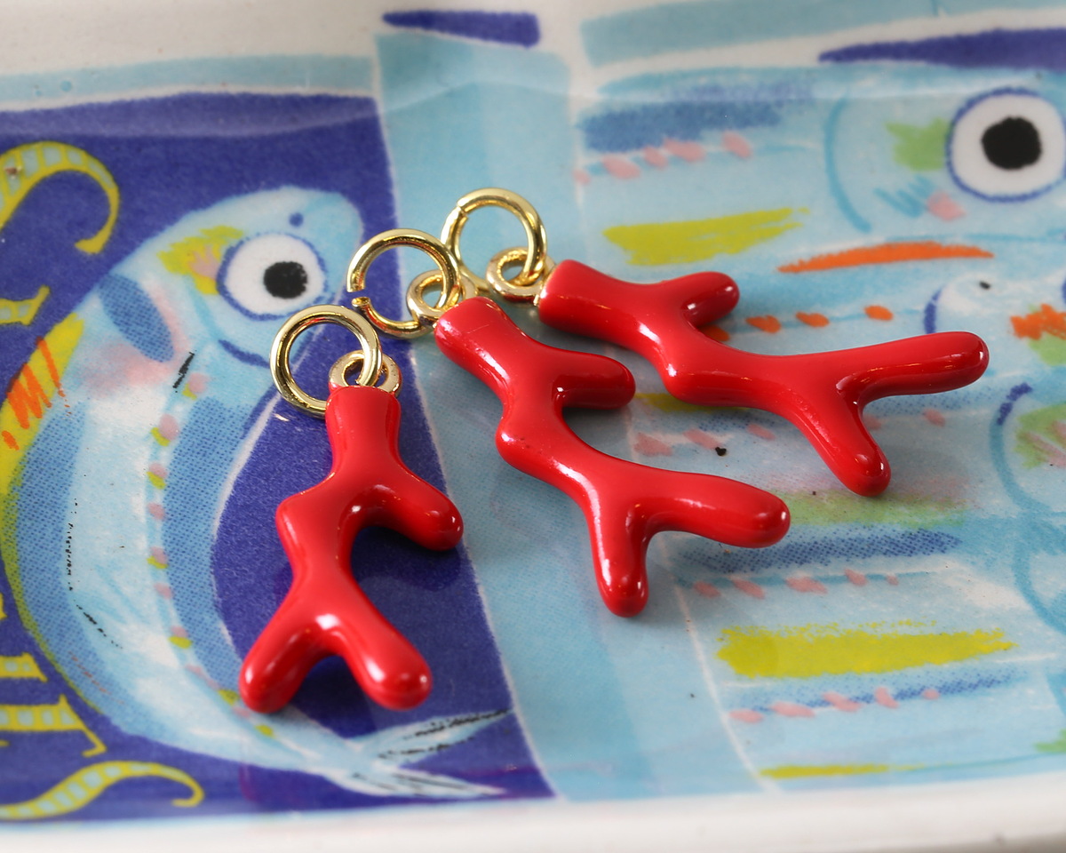 Red Coral Branch Enamel w/ Gold Finish Charm 8x23mm