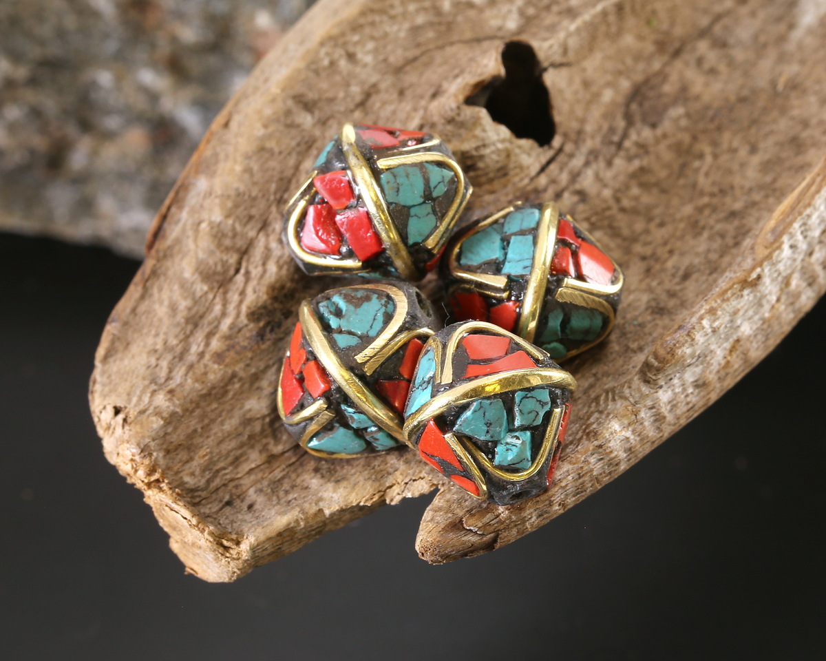 Nepalese Brass Arches w/ Turquoise & Coral Mosaic Bicone 13x12mm