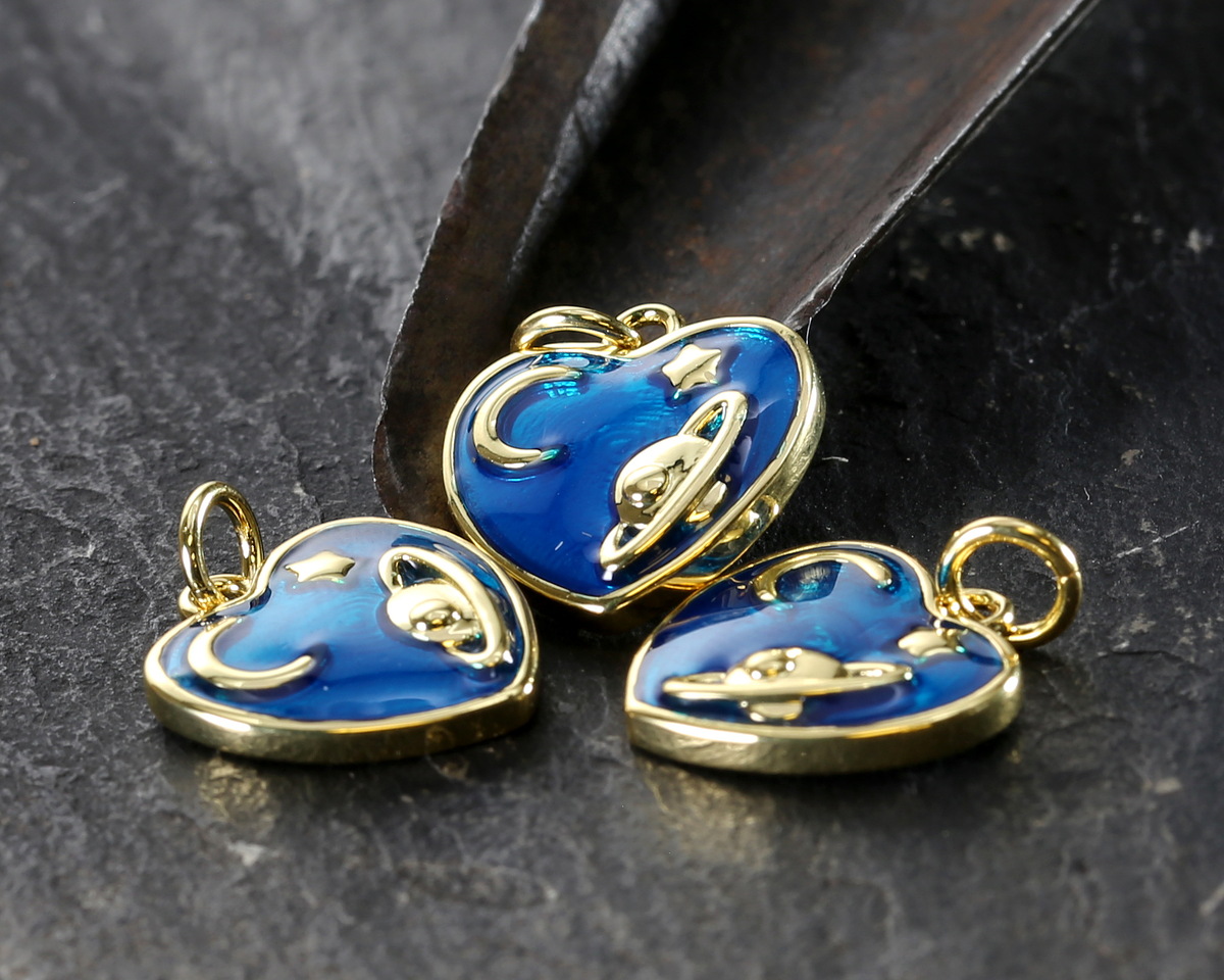 18k Gold (plated) Blue Pearl Enamel Celestial Heart Focal 13x14mm