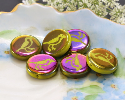 Czech Glass Laser Etched Bird on Wasabi w/ Rainbow Finish Coin 14mm