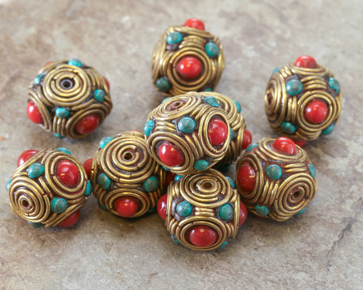 Nepalese Brass w/ Turquoise & Coral 4-Sided Rondelle 17x22mm