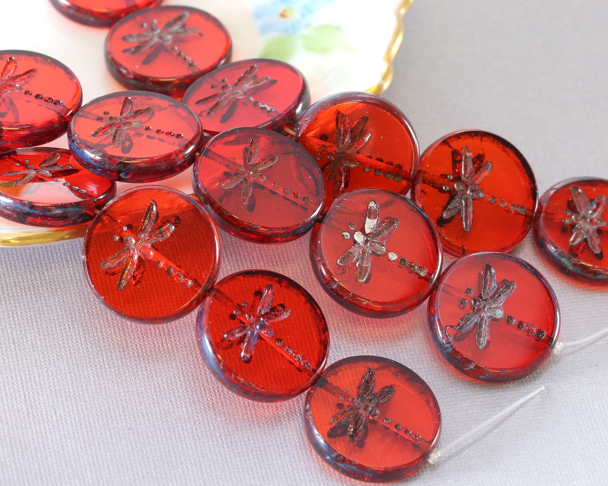 Czech Glass Hyacinth Picasso Dragonfly Coin 17mm