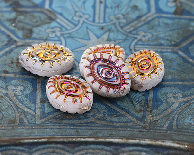 Czech Glass Matte White w/ Metallic Rainbow Mystic Eye 14x11mm