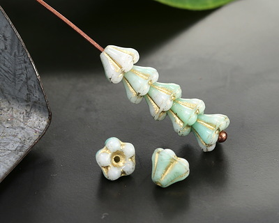 Czech Glass Cool Mint w/ Gold Bellflower 5x6mm