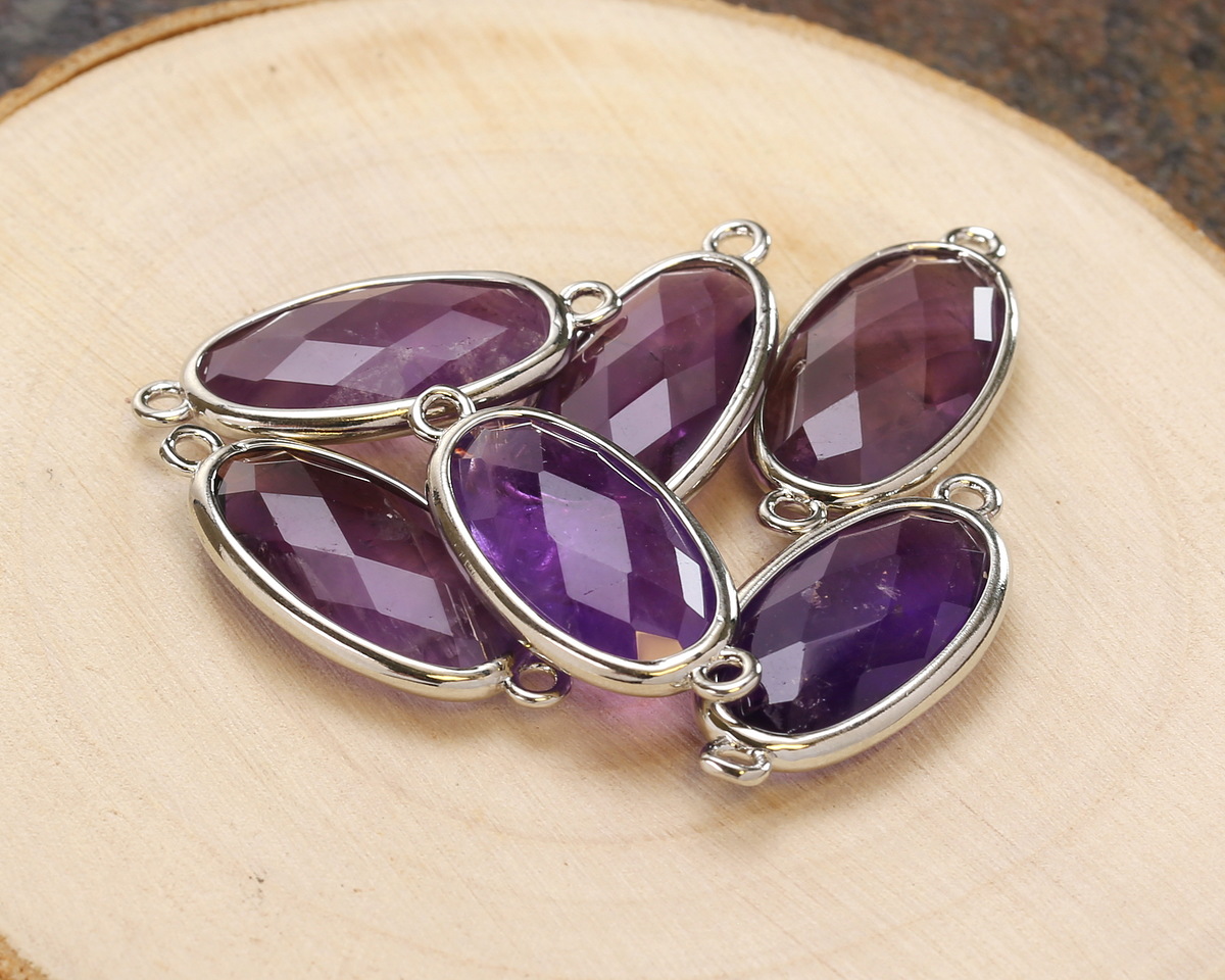 Amethyst Faceted Puff Oval Link w/ Silver Finish Bezel 12x20mm