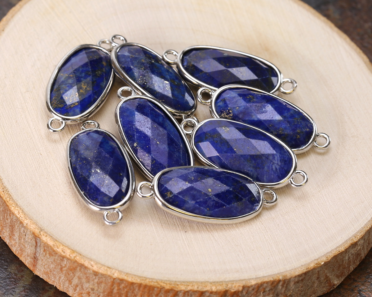 Lapis (Natural) Faceted Puff Oval Link w/ Silver Finish Bezel 12x20mm