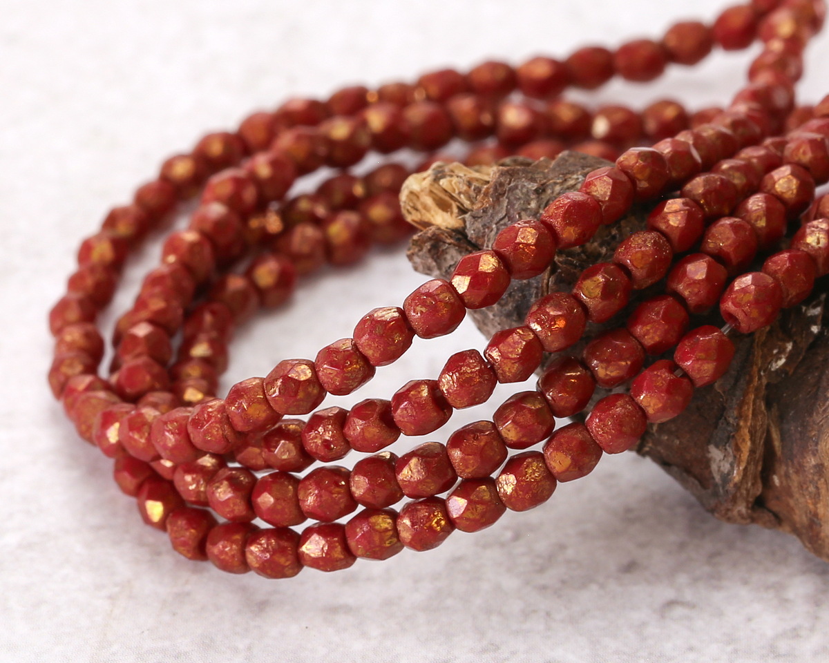 Czech Glass Textured Oxblood w/ Gold Fire Polished Round 3mm