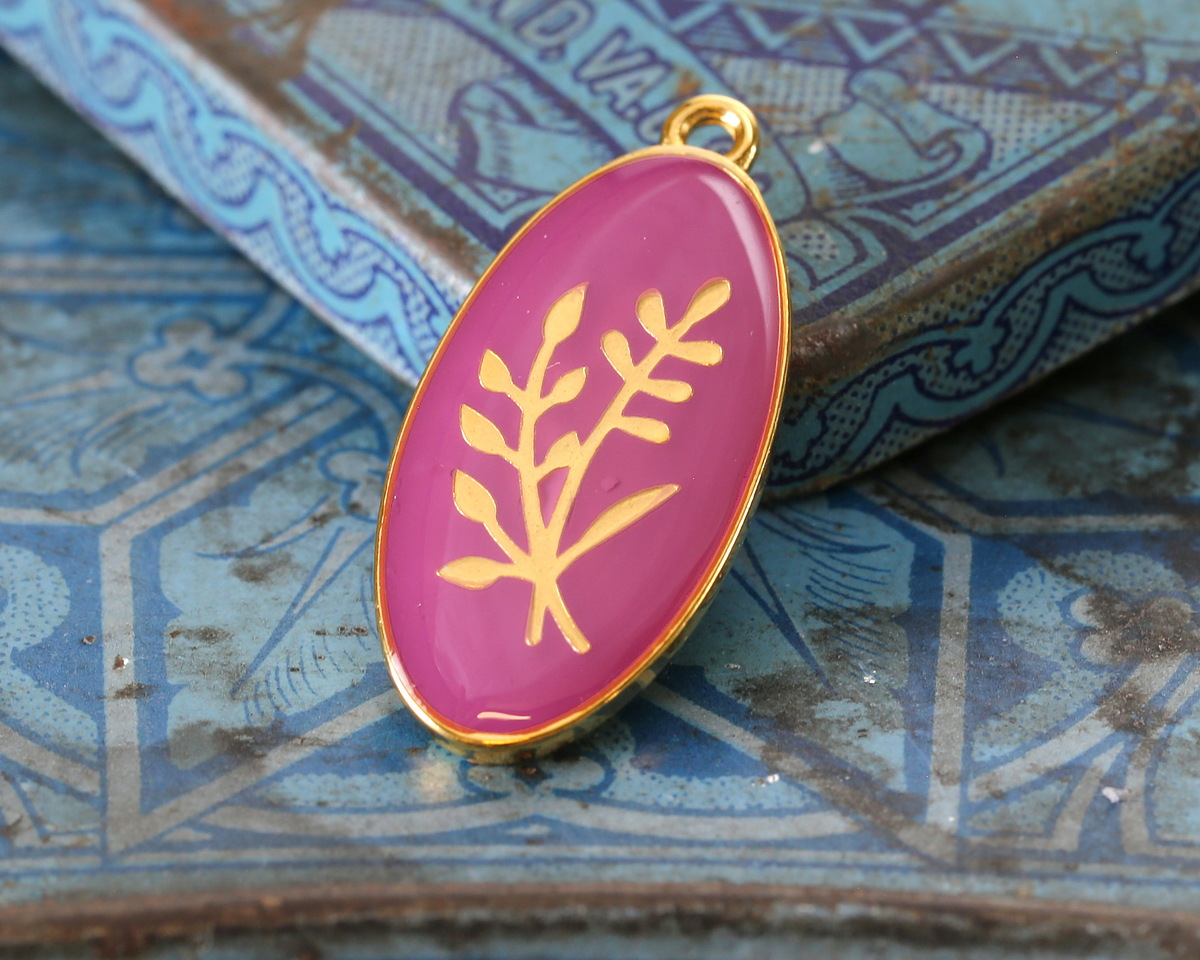 24K Gold (Plated) Berry Enamel w/ Gold Floral Design Focal 13x27mm