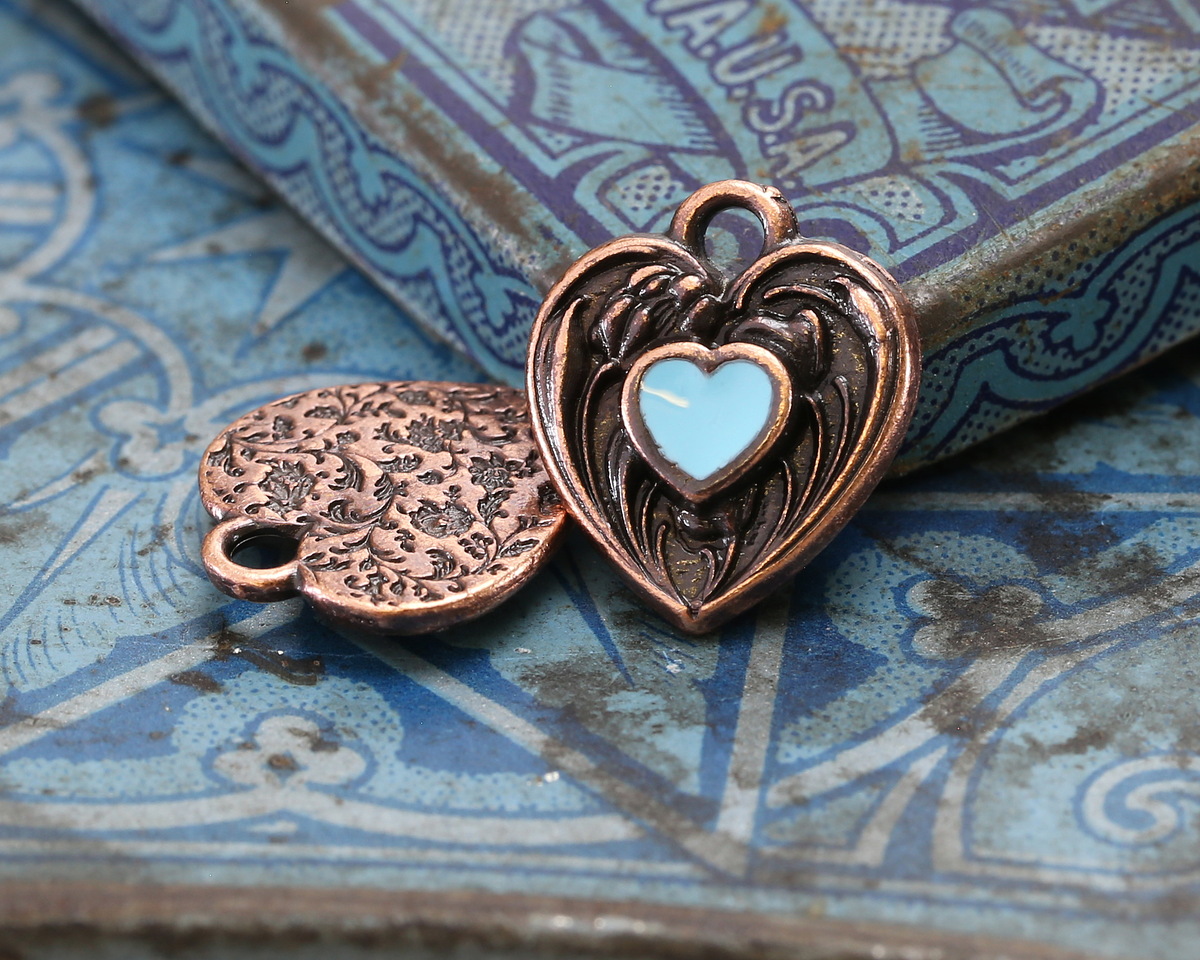 TierraCast Antique Copper (plated) Light Sky Blue Enamel Heart in Heart Shaped Focal 12.5x14mm