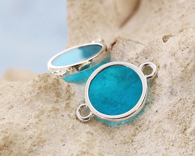 Silver (plated) Transparent Turquoise Resin Round Focal Link 12x17mm