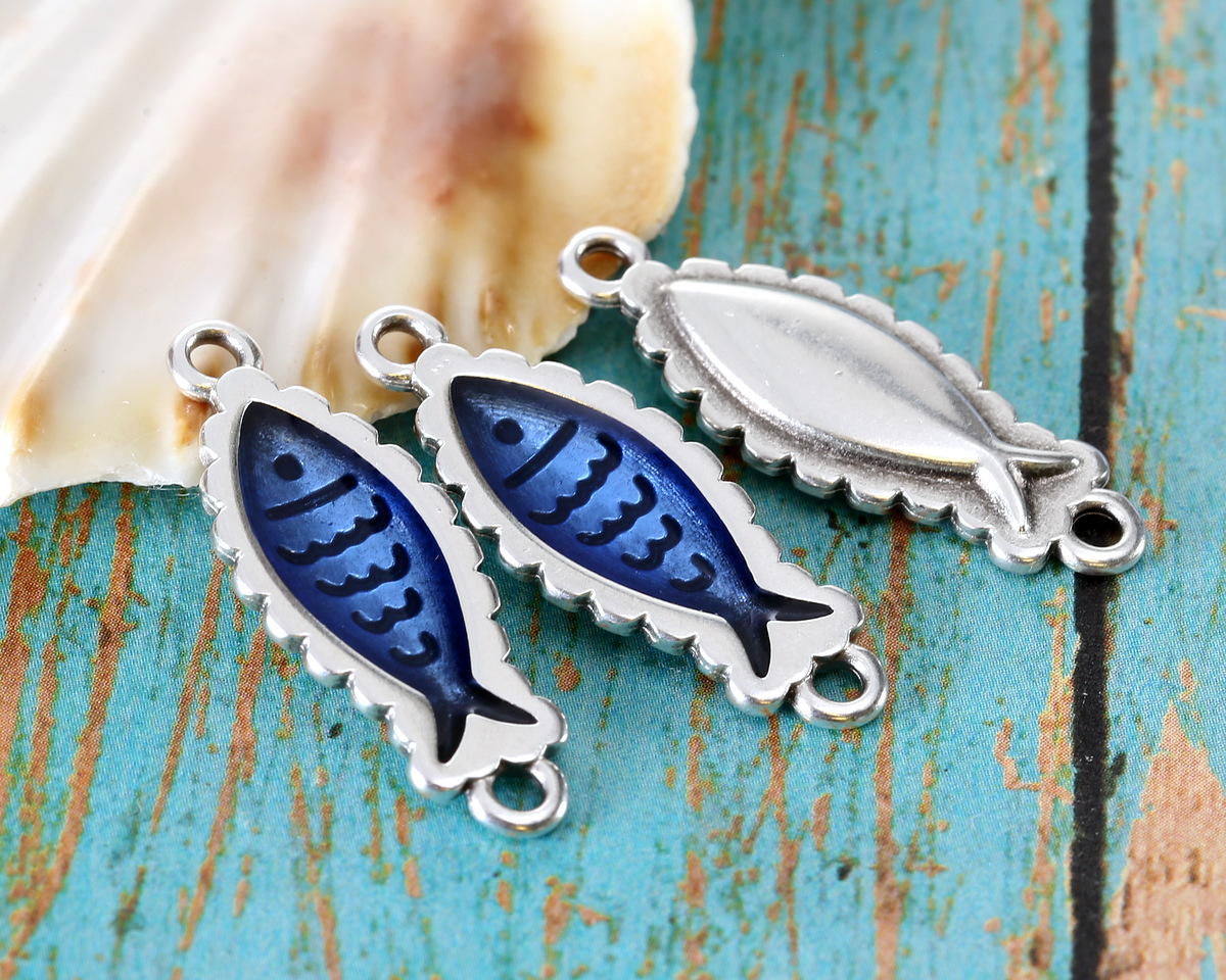 Antique Silver (plated) Transparent Navy Blue Enamel Fish Focal Link 27x10mm
