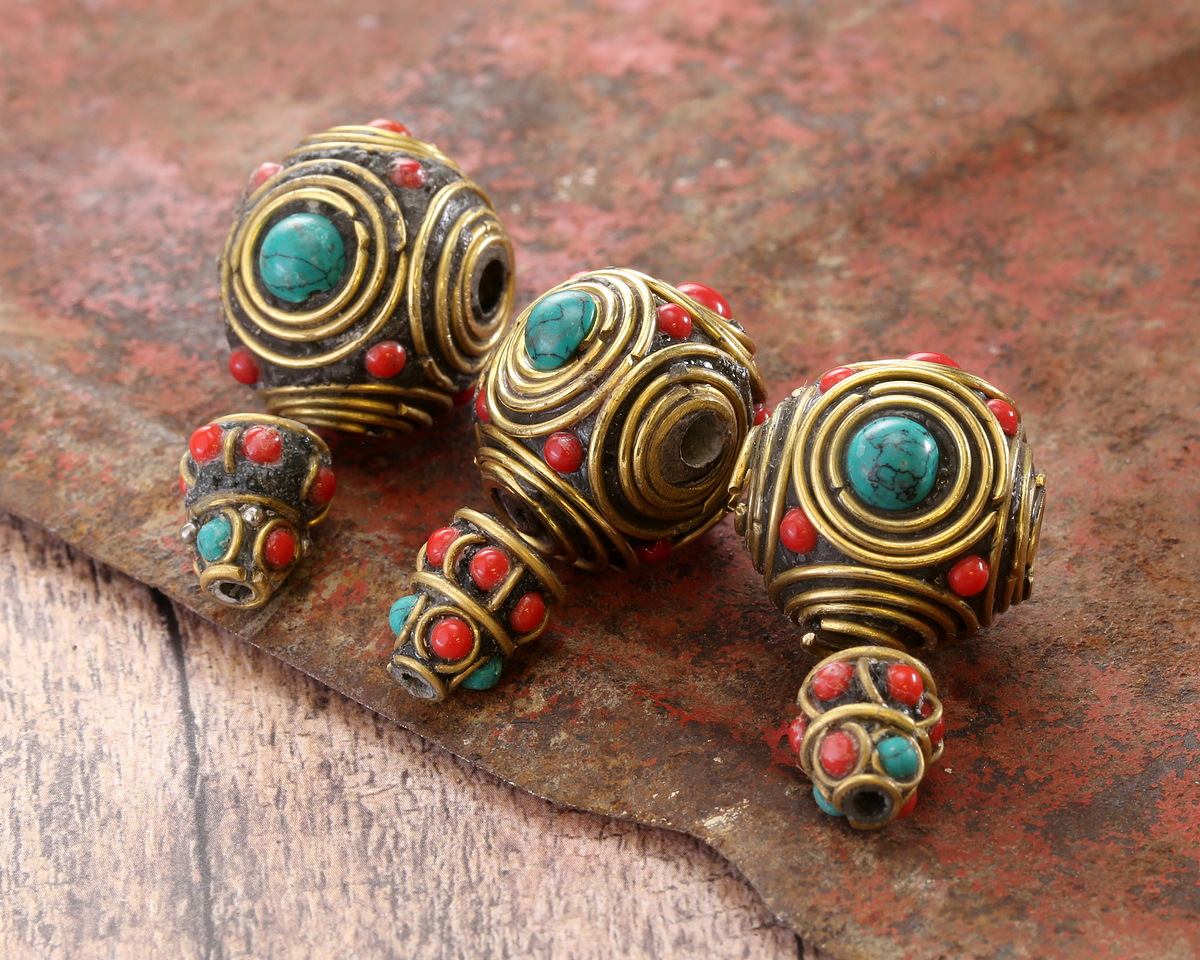 Nepalese Guru Bead w/ Turquoise & Coral Dots in Brass Concentric Circles 21x34mm