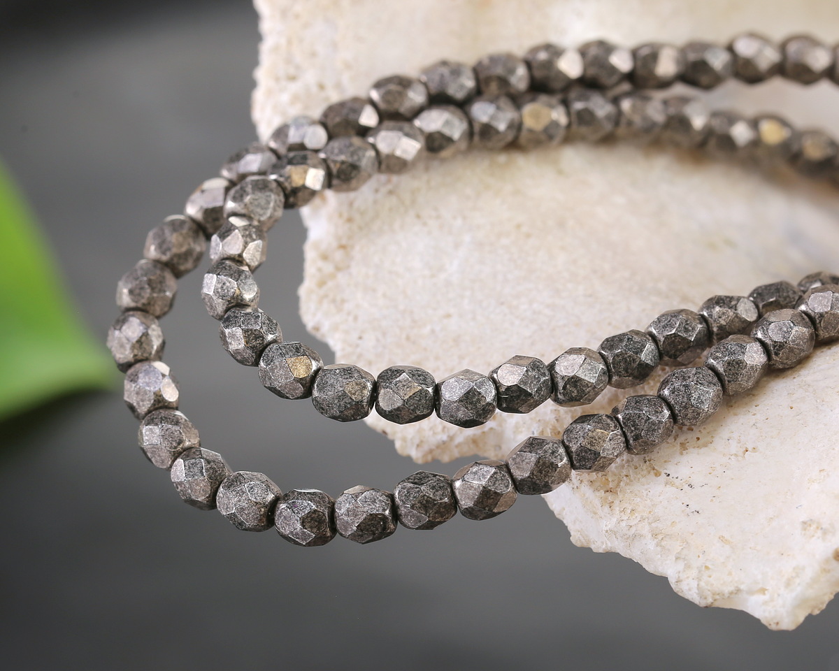 Czech Glass Jet w/ Antique Silver Fire Polished Round 4mm