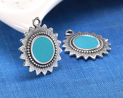 Antique Silver (plated) Turquoise Enamel Sun Focal 18x21mm