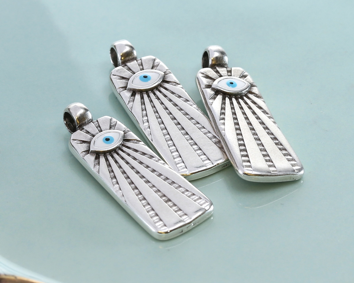 Antique Silver (plated) Radiant Enamel Evil Eye Rectangular Focal 11x31mm