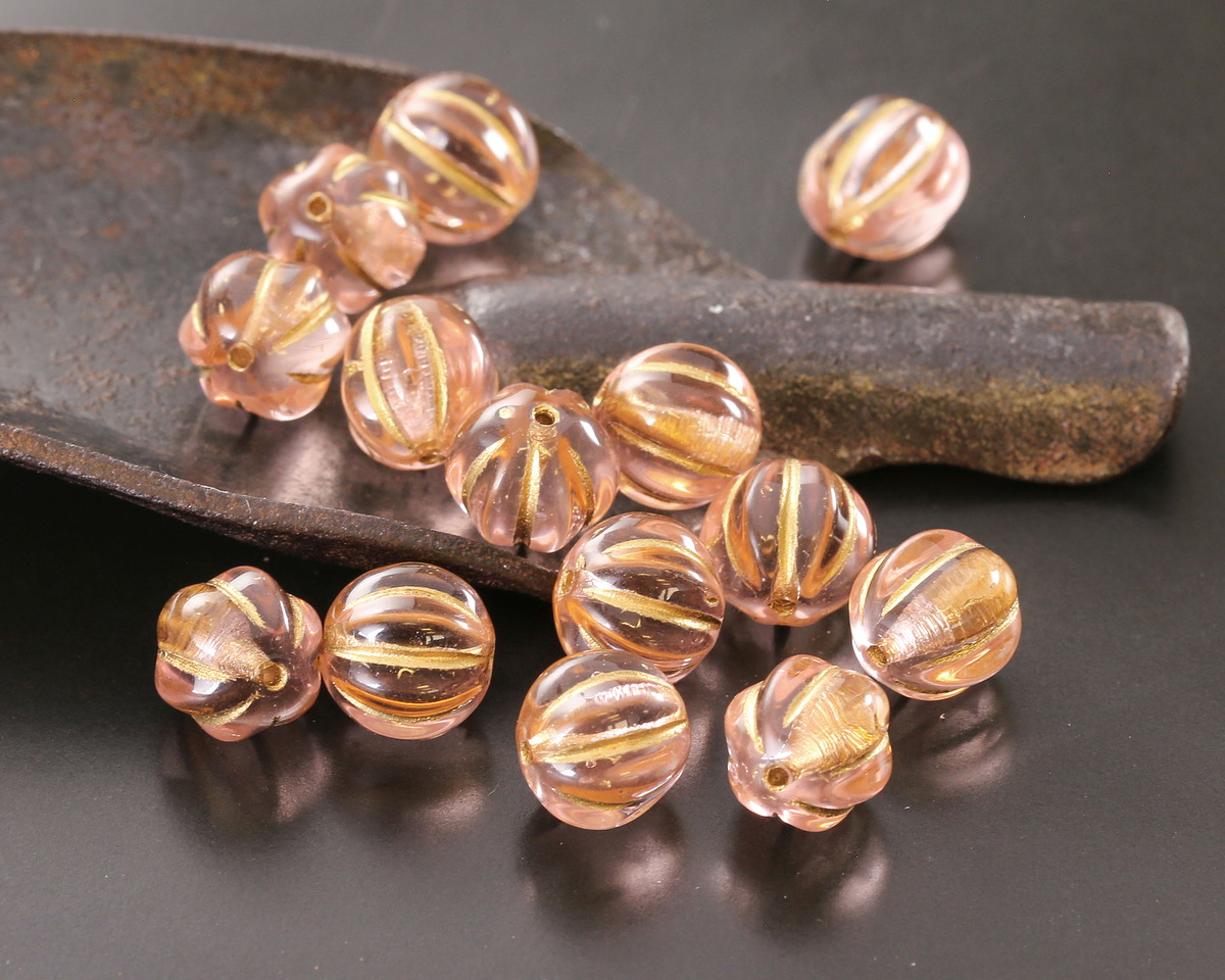 Czech Glass Rosaline w/ Gold Melon Round 8mm