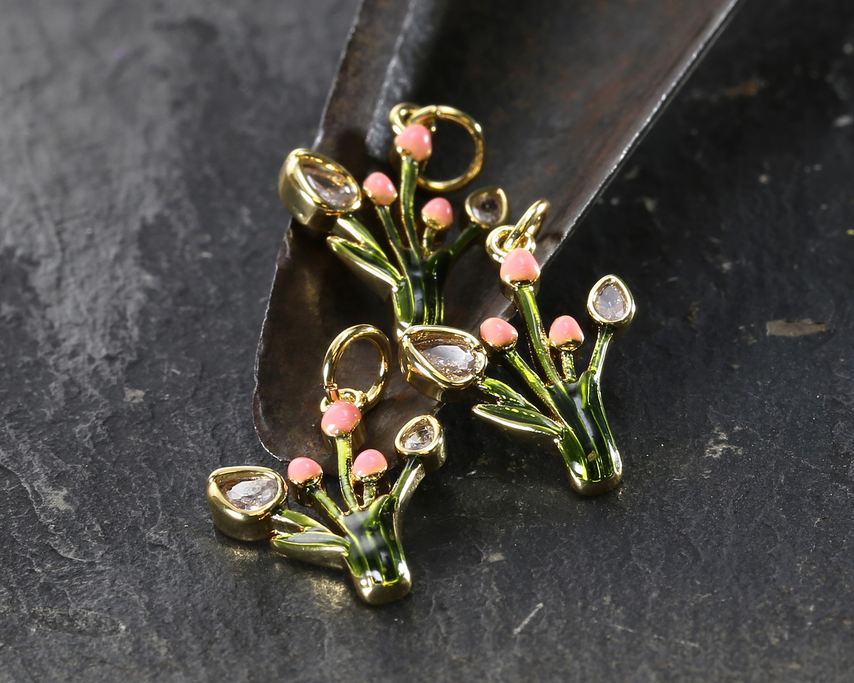 18k Gold (plated) Enamel & Crystal Tulip Blooms 13.5x18mm