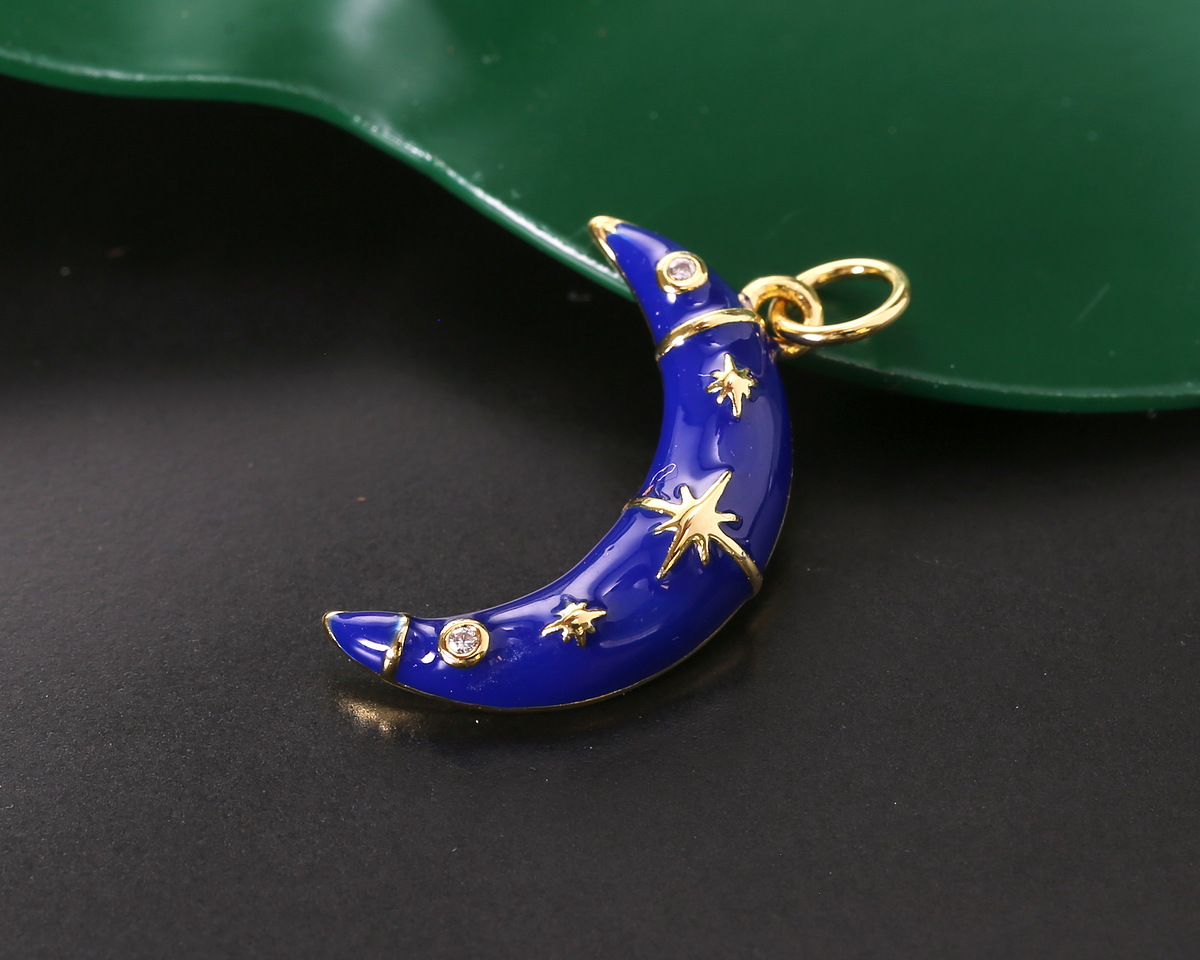 18k Gold (plated) Cobalt Enamel w/ Crystals & Stars Crescent Moon Focal 11.5x21mm
