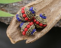 Nepalese Brass w/ Bands of Coral & Lapis Dots Rice 24-25x17mm