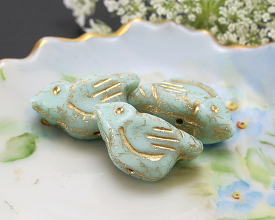 Czech Glass Sweet Mint w/ Gold Wash Bird 11x22mm