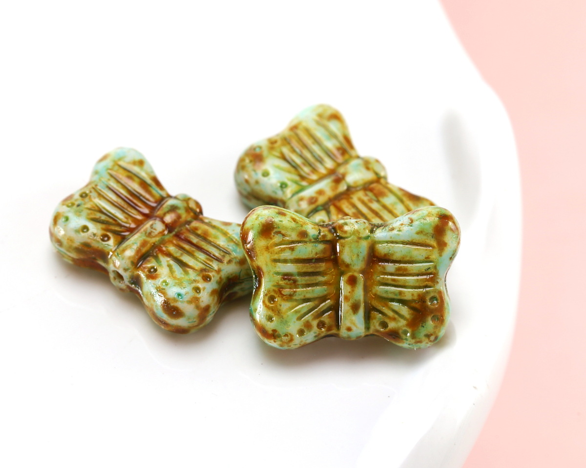 Czech Glass Mint Picasso w/ Green Stone Wash Butterfly 16x11mm