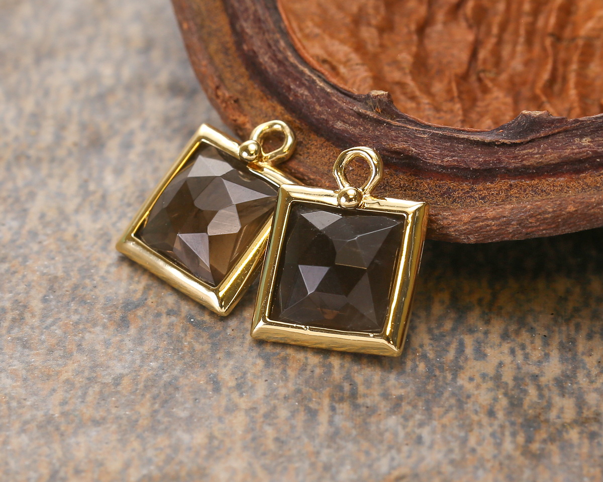 Smoky Quartz w/ Gold Finish Faceted Square Focal 10x13mm