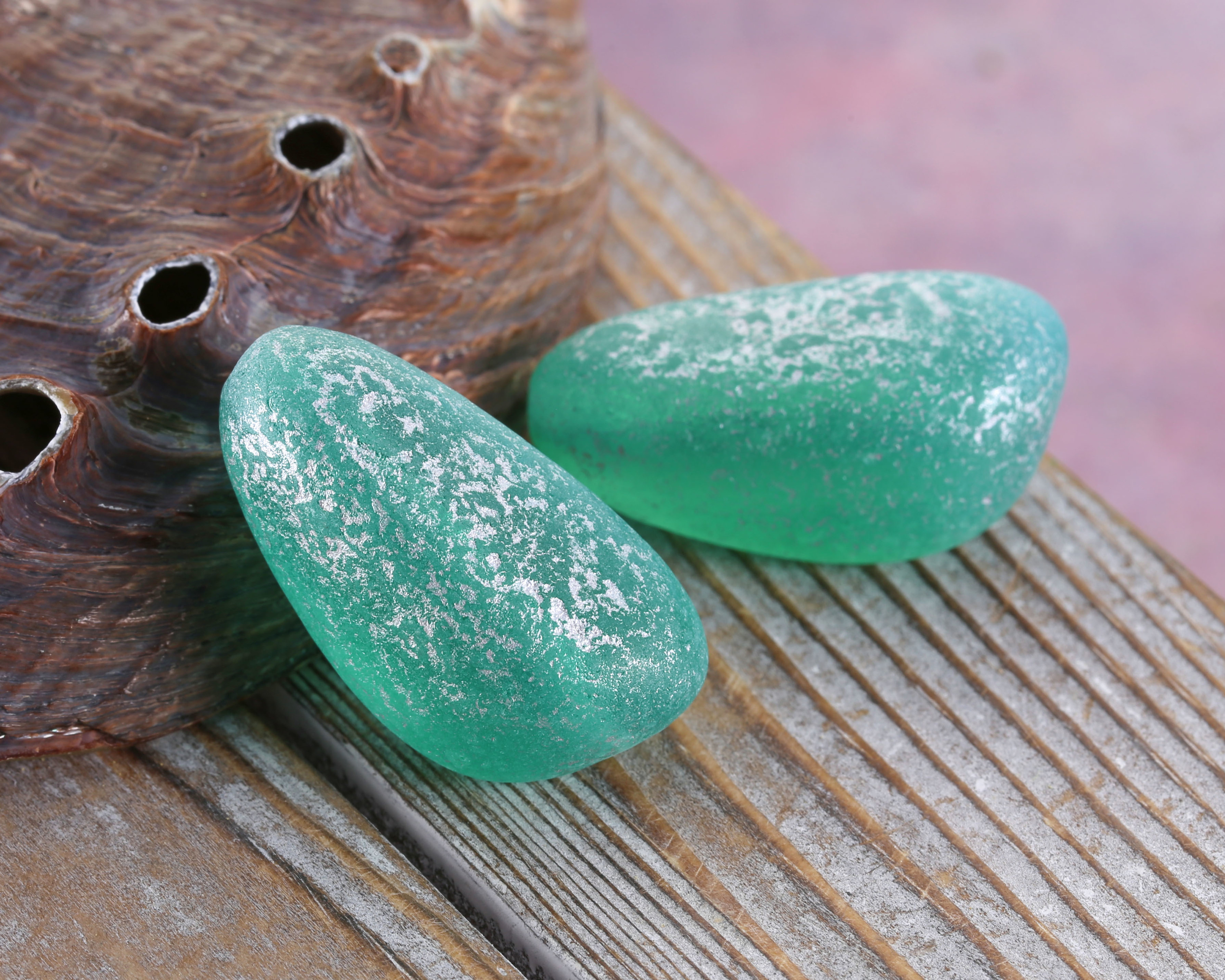 Czech Glass Textured Matte Turquoise Opal w/ Silver Luster Nugget 33x19mm