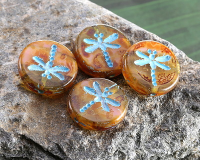 Czech Glass Pink Opal & Crystal Picasso w/ Light Blue Dragonfly Coin 17mm