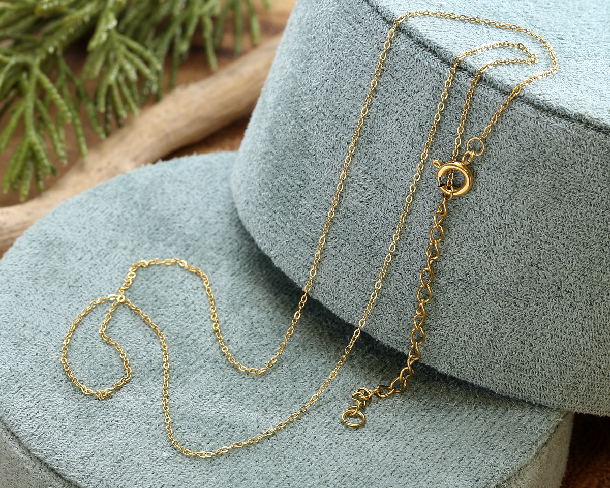 Waterproof 18K Gold PVD Plated Stainless Steel Tiny Cable Chain, 18" Finished w/ 2" extender, 1.5x1mm links