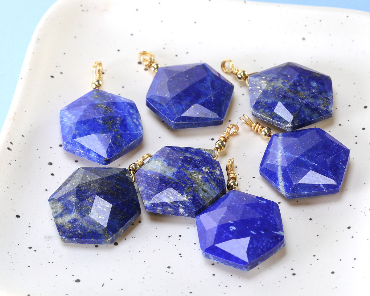 Lapis w/ Gold Finish Faceted Hexagon Wire Wrapped Pendant 20x25mm