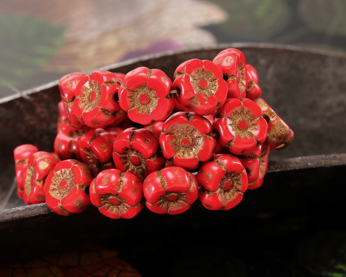 Czech Glass Pepper Red w/ Dark Bronze Hibiscus Coin 7mm