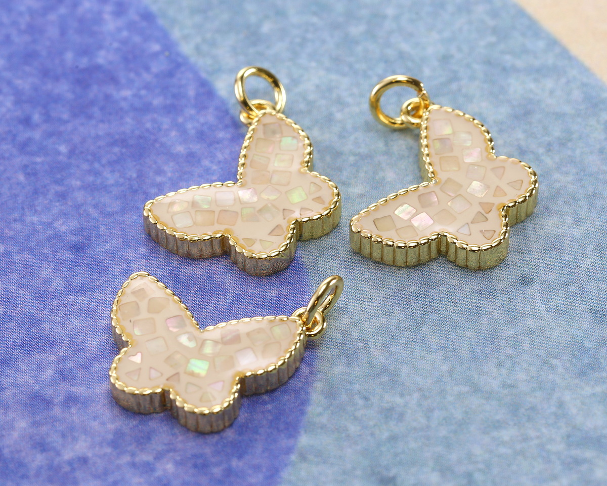 Mother of Pearl in White Enamel w/ Gold Finish Butterfly Pendant 13x16mm
