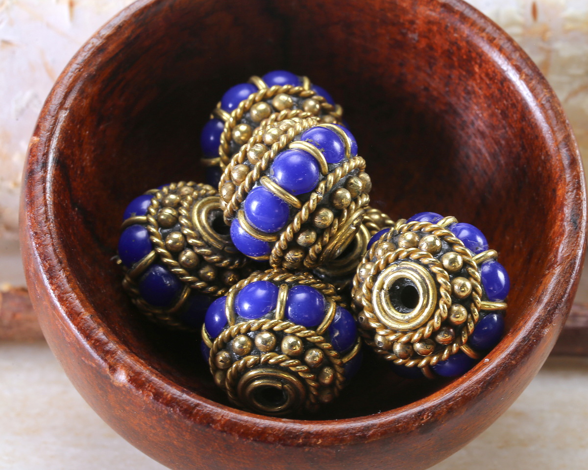 Nepalese Brass Ropes & Dots w/ Lapis Dots Rondelle 15x17-18mm