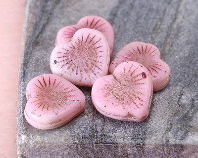 Czech Glass Matte Desert Rose w/ Copper & Metallic Rainbow Starburst Heart 13x14mm