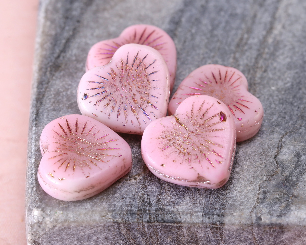 Czech Glass Matte Desert Rose w/ Copper & Metallic Rainbow Starburst Heart 13x14mm