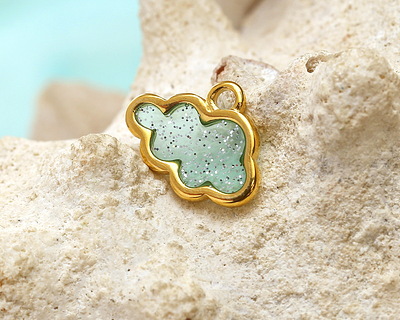 24K Gold (Plated) Transparent Sea Green Glitter Resin Cloud Focal 16x12mm