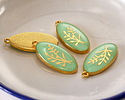 24K Gold (Plated) Sweet Mint Enamel w/ Gold Floral Design Focal 13x27mm