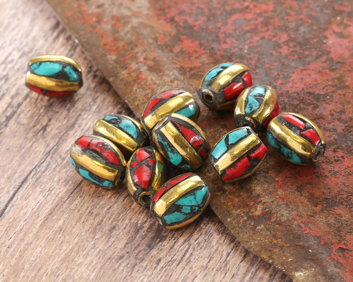 Nepalese Brass w/ Turquoise & Coral Mosaic Small Rice Bead 11-12x8mm