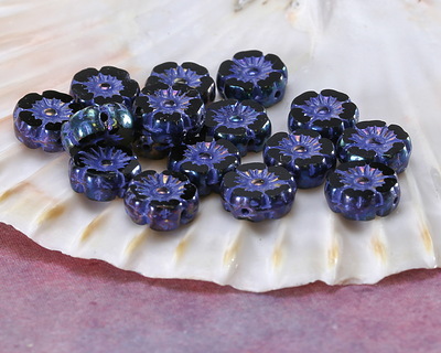 Czech Glass Jet AB w/ Purple Wash Hibiscus Coin 9mm