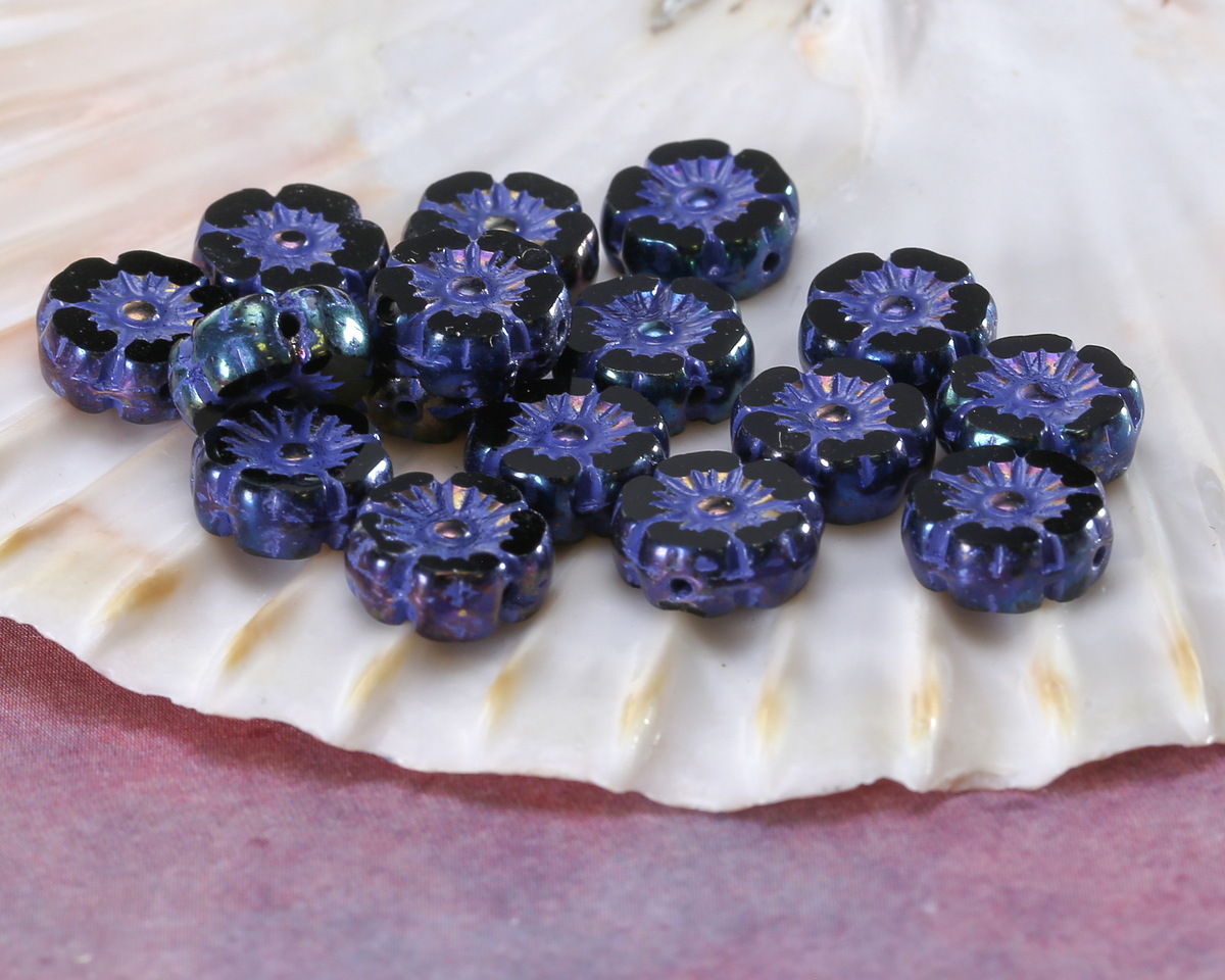 Czech Glass Jet AB w/ Purple Wash Hibiscus Coin 9mm