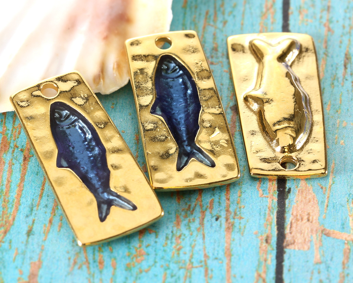 24K Gold (plated) Navy Blue Enamel Imprinted Fish Rectangle Focal 14x31mm