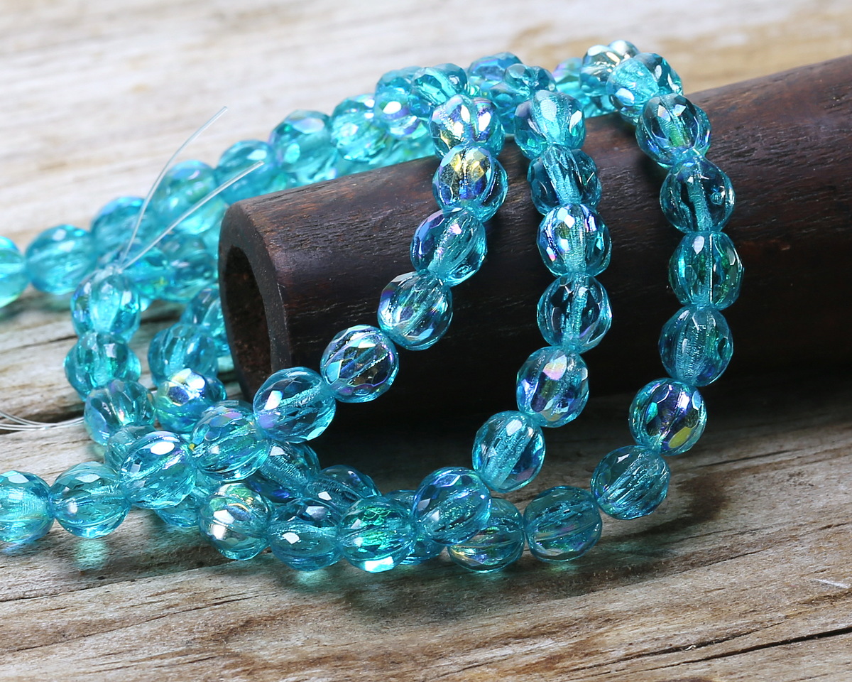 Czech Glass Teal AB Faceted Melon Round 6mm