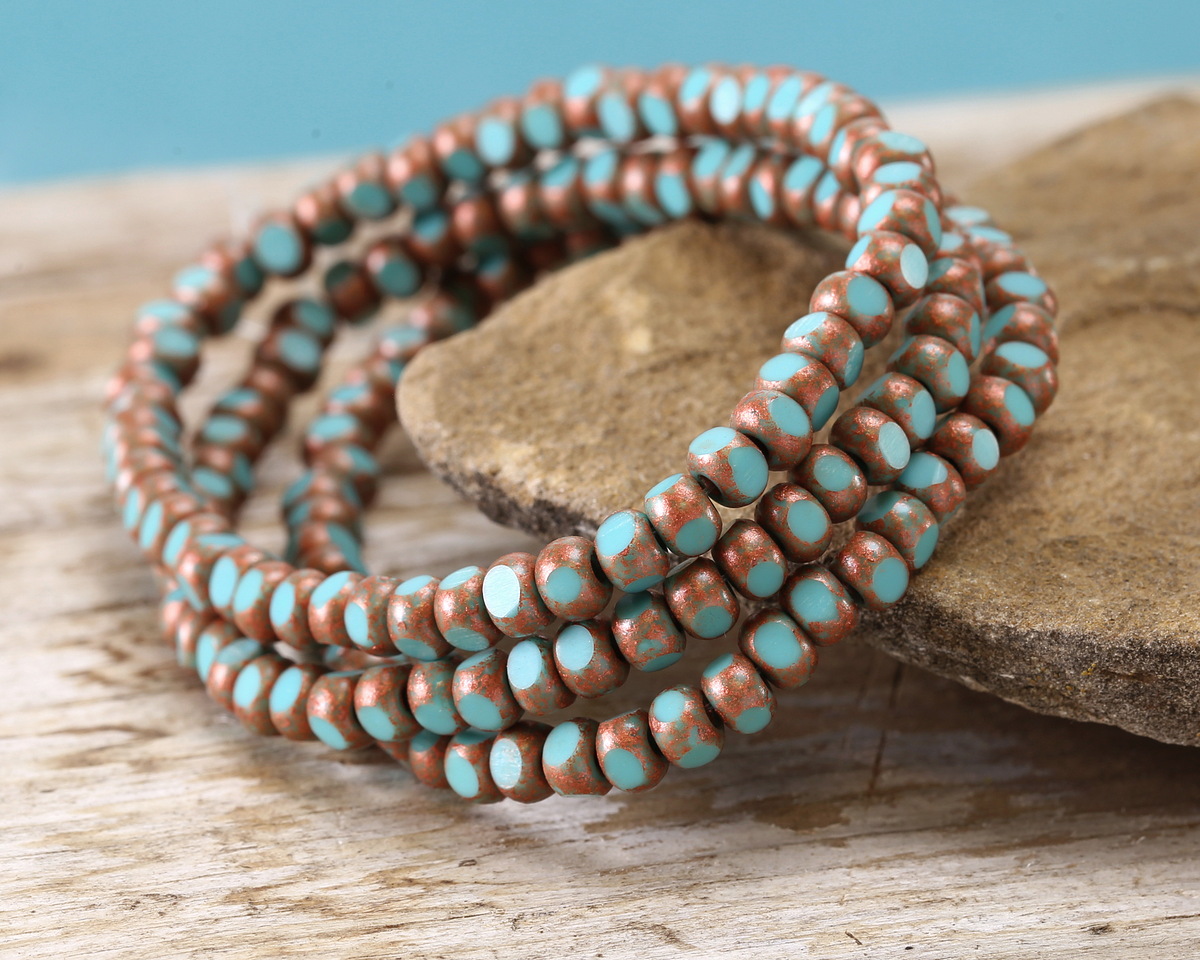Czech Glass Turquoise Blue w/ Antique Copper Trica Beads 3x4mm